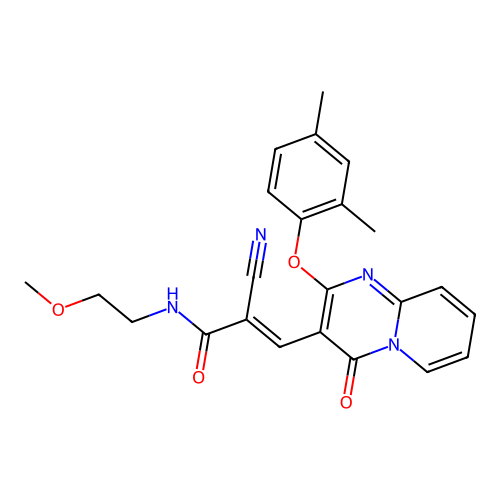 (2E)-2-cyano-3-[2-(2,4-dimethylphenoxy)-4-oxo-4H-pyrido[1,2-a]pyrimidin-3-yl]-N-(2-methoxyethyl)prop-2-enamide structure