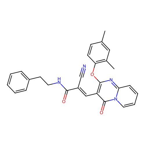(2E)-2-cyano-3-[2-(2,4-dimethylphenoxy)-4-oxo-4H-pyrido[1,2-a]pyrimidin-3-yl]-N-(2-phenylethyl)prop-2-enamide structure
