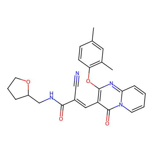 (2E)-2-cyano-3-[2-(2,4-dimethylphenoxy)-4-oxo-4H-pyrido[1,2-a]pyrimidin-3-yl]-N-(tetrahydrofuran-2-ylmethyl)prop-2-enamide structure