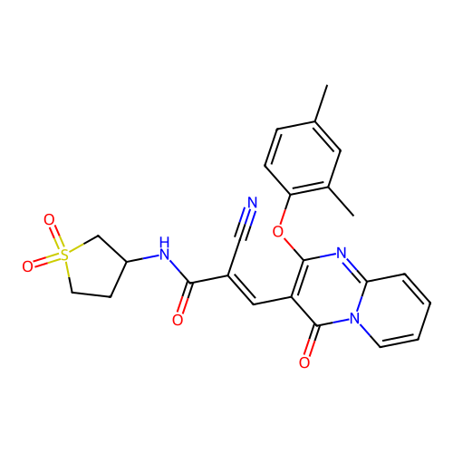 (2E)-2-cyano-3-[2-(2,4-dimethylphenoxy)-4-oxo-4H-pyrido[1,2-a]pyrimidin-3-yl]-N-(1,1-dioxidotetrahydrothiophen-3-yl)prop-2-enamide structure