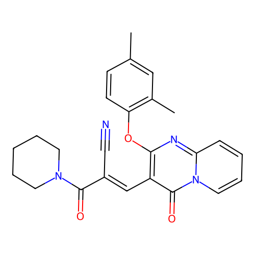 (2E)-3-[2-(2,4-dimethylphenoxy)-4-oxo(5-hydropyridino[1,2-a]pyrimidin-3-yl)]-2 -(piperidylcarbonyl)prop-2-enenitrile structure