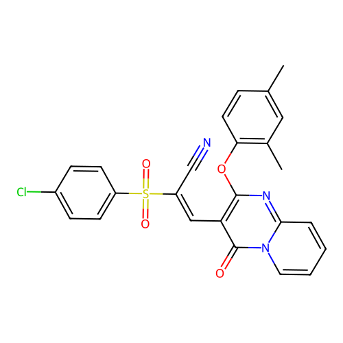 (2E)-2-(4-CHLOROBENZENESULFONYL)-3-[2-(2,4-DIMETHYLPHENOXY)-4-OXO-4H-PYRIDO[1,2-A]PYRIMIDIN-3-YL]PROP-2-ENENITRILE structure