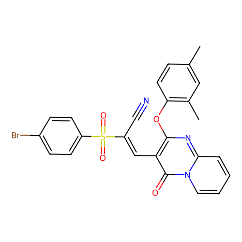 (E)-2-((4-bromophenyl)sulfonyl)-3-(2-(2,4-dimethylphenoxy)-4-oxo-4H-pyrido[1,2-a]pyrimidin-3-yl)acrylonitrile structure