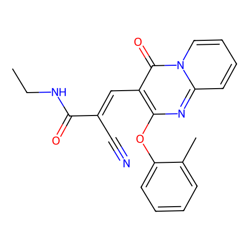 (2E)-2-cyano-N-ethyl-3-[2-(2-methylphenoxy)-4-oxo-4H-pyrido[1,2-a]pyrimidin-3-yl]prop-2-enamide structure