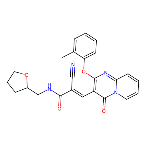 (2E)-2-cyano-3-[2-(2-methylphenoxy)-4-oxo-4H-pyrido[1,2-a]pyrimidin-3-yl]-N-(tetrahydrofuran-2-ylmethyl)prop-2-enamide structure