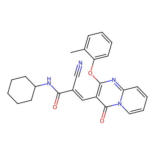 (2E)-2-cyano-N-cyclohexyl-3-[2-(2-methylphenoxy)-4-oxo-4H-pyrido[1,2-a]pyrimidin-3-yl]prop-2-enamide structure