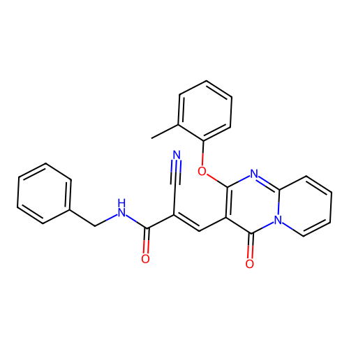 (2E)-N-benzyl-2-cyano-3-[2-(2-methylphenoxy)-4-oxo-4H-pyrido[1,2-a]pyrimidin-3-yl]prop-2-enamide structure