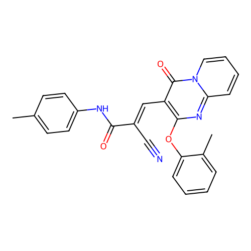 (2E)-2-cyano-3-[2-(2-methylphenoxy)-4-oxo-4H-pyrido[1,2-a]pyrimidin-3-yl]-N-(4-methylphenyl)prop-2-enamide structure