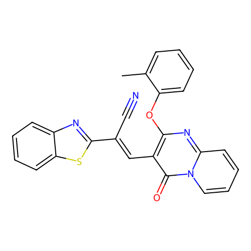 (2E)-2-(1,3-benzothiazol-2-yl)-3-[2-(2-methylphenoxy)-4-oxo-4H-pyrido[1,2-a]pyrimidin-3-yl]prop-2-enenitrile structure
