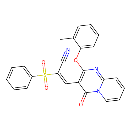 (2E)-2-(BENZENESULFONYL)-3-[2-(2-METHYLPHENOXY)-4-OXO-4H-PYRIDO[1,2-A]PYRIMIDIN-3-YL]PROP-2-ENENITRILE structure