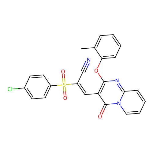 (2E)-2-(4-CHLOROBENZENESULFONYL)-3-[2-(2-METHYLPHENOXY)-4-OXO-4H-PYRIDO[1,2-A]PYRIMIDIN-3-YL]PROP-2-ENENITRILE structure