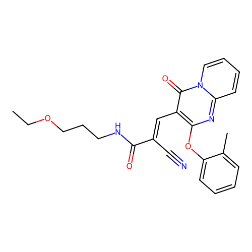 (2E)-2-cyano-N-(3-ethoxypropyl)-3-[2-(2-methylphenoxy)-4-oxo-4H-pyrido[1,2-a]pyrimidin-3-yl]prop-2-enamide structure