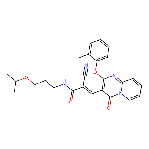 (2E)-2-cyano-3-[2-(2-methylphenoxy)-4-oxo-4H-pyrido[1,2-a]pyrimidin-3-yl]-N-[3-(propan-2-yloxy)propyl]prop-2-enamide structure