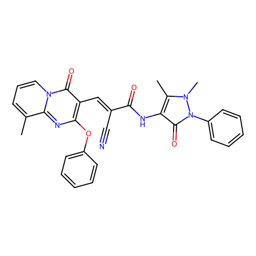(2E)-2-cyano-N-(1,5-dimethyl-3-oxo-2-phenyl-2,3-dihydro-1H-pyrazol-4-yl)-3-(9-methyl-4-oxo-2-phenoxy-4H-pyrido[1,2-a]pyrimidin-3-yl)prop-2-enamide structure