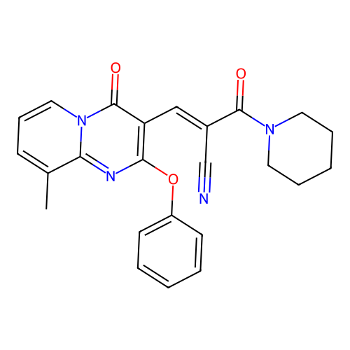(2E)-3-(9-methyl-4-oxo-2-phenoxy-4H-pyrido[1,2-a]pyrimidin-3-yl)-2-(piperidin-1-ylcarbonyl)prop-2-enenitrile structure