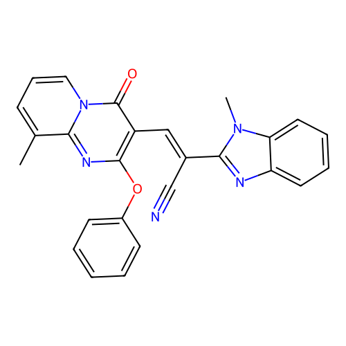 (2E)-2-(1-methyl-1H-benzimidazol-2-yl)-3-(9-methyl-4-oxo-2-phenoxy-4H-pyrido[1,2-a]pyrimidin-3-yl)prop-2-enenitrile structure
