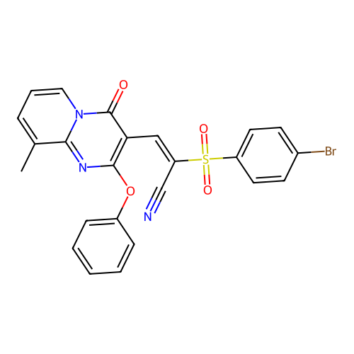 (2E)-2-[(4-bromophenyl)sulfonyl]-3-(9-methyl-4-oxo-2-phenoxy-4H-pyrido[1,2-a]pyrimidin-3-yl)prop-2-enenitrile structure