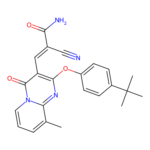(2E)-3-[2-(4-tert-butylphenoxy)-9-methyl-4-oxo-4H-pyrido[1,2-a]pyrimidin-3-yl]-2-cyanoprop-2-enamide structure