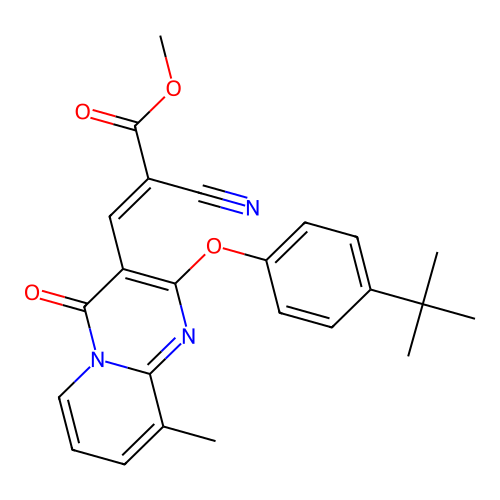 methyl (2E)-3-[2-(4-tert-butylphenoxy)-9-methyl-4-oxo-4H-pyrido[1,2-a]pyrimidin-3-yl]-2-cyanoprop-2-enoate structure