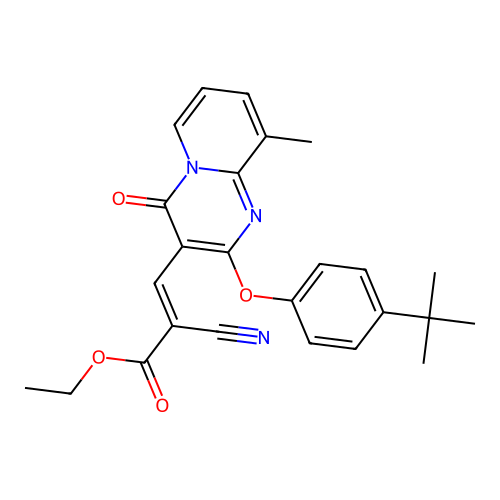 ethyl (2E)-3-[2-(4-tert-butylphenoxy)-9-methyl-4-oxo-4H-pyrido[1,2-a]pyrimidin-3-yl]-2-cyanoprop-2-enoate structure
