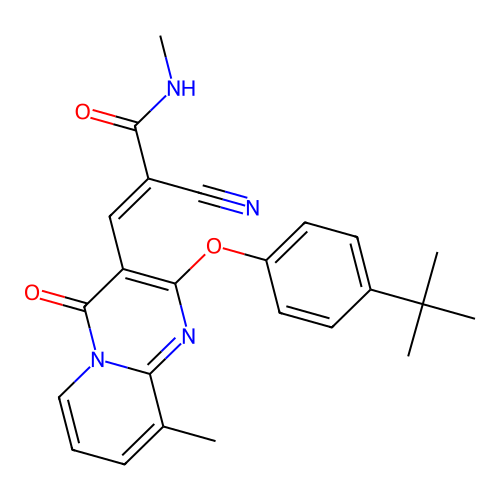 (2E)-3-[2-(4-tert-butylphenoxy)-9-methyl-4-oxo-4H-pyrido[1,2-a]pyrimidin-3-yl]-2-cyano-N-methylprop-2-enamide structure
