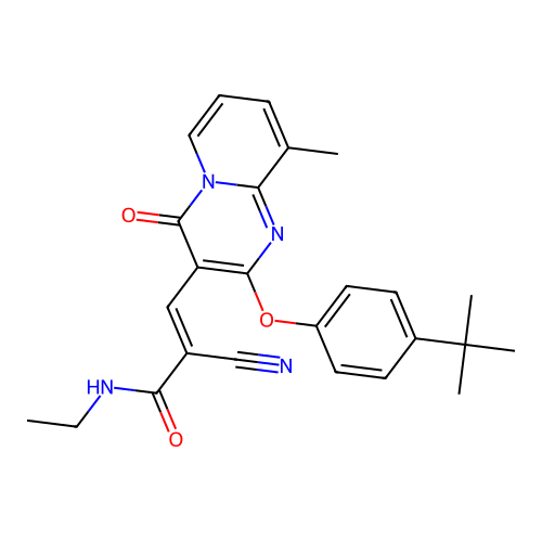 (2E)-3-[2-(4-tert-butylphenoxy)-9-methyl-4-oxo-4H-pyrido[1,2-a]pyrimidin-3-yl]-2-cyano-N-ethylprop-2-enamide structure