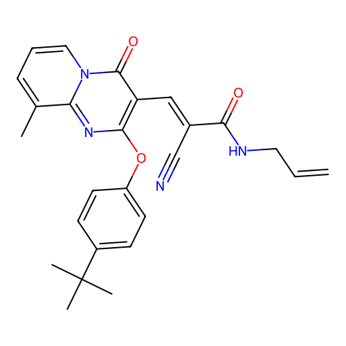 (2E)-3-[2-(4-tert-butylphenoxy)-9-methyl-4-oxo-4H-pyrido[1,2-a]pyrimidin-3-yl]-2-cyano-N-(prop-2-en-1-yl)prop-2-enamide structure