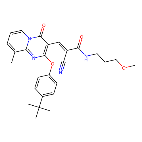 (2E)-3-[2-(4-tert-butylphenoxy)-9-methyl-4-oxo-4H-pyrido[1,2-a]pyrimidin-3-yl]-2-cyano-N-(3-methoxypropyl)prop-2-enamide structure