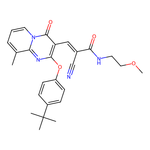 (2E)-3-[2-(4-tert-butylphenoxy)-9-methyl-4-oxo-4H-pyrido[1,2-a]pyrimidin-3-yl]-2-cyano-N-(2-methoxyethyl)prop-2-enamide structure