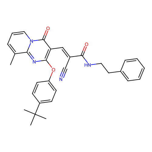 (2E)-3-[2-(4-tert-butylphenoxy)-9-methyl-4-oxo-4H-pyrido[1,2-a]pyrimidin-3-yl]-2-cyano-N-(2-phenylethyl)prop-2-enamide structure