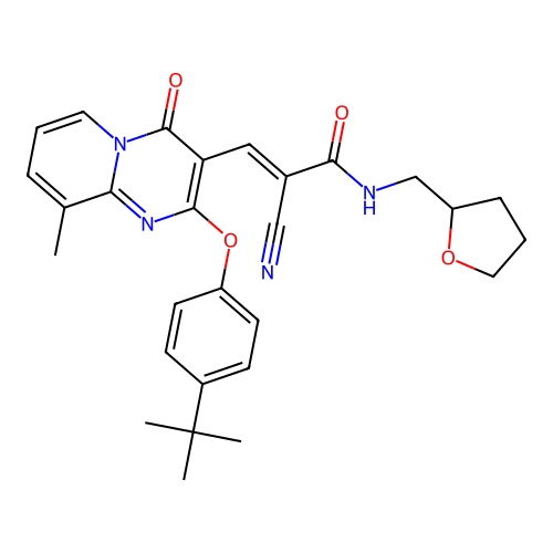 (2E)-3-[2-(4-tert-butylphenoxy)-9-methyl-4-oxo-4H-pyrido[1,2-a]pyrimidin-3-yl]-2-cyano-N-(tetrahydrofuran-2-ylmethyl)prop-2-enamide structure