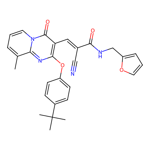 (2E)-3-[2-(4-tert-butylphenoxy)-9-methyl-4-oxo-4H-pyrido[1,2-a]pyrimidin-3-yl]-2-cyano-N-(furan-2-ylmethyl)prop-2-enamide structure