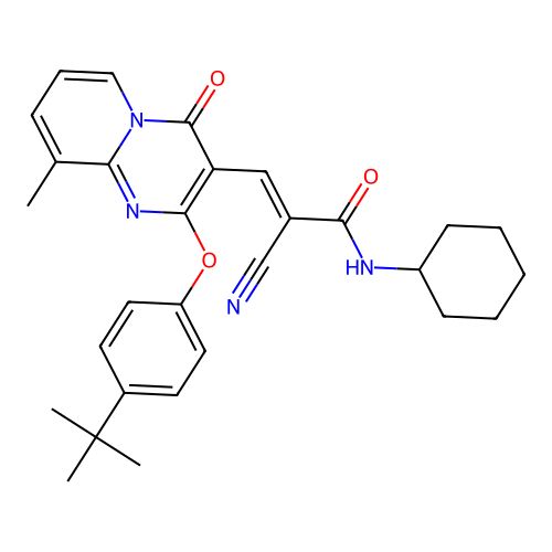 (2E)-3-[2-(4-tert-butylphenoxy)-9-methyl-4-oxo-4H-pyrido[1,2-a]pyrimidin-3-yl]-2-cyano-N-cyclohexylprop-2-enamide structure
