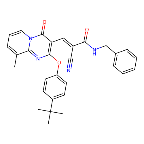 (2E)-N-benzyl-3-[2-(4-tert-butylphenoxy)-9-methyl-4-oxo-4H-pyrido[1,2-a]pyrimidin-3-yl]-2-cyanoprop-2-enamide structure