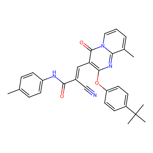 (2E)-3-[2-(4-tert-butylphenoxy)-9-methyl-4-oxo-4H-pyrido[1,2-a]pyrimidin-3-yl]-2-cyano-N-(4-methylphenyl)prop-2-enamide structure
