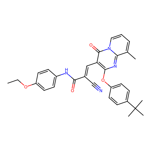 (2E)-3-[2-(4-tert-butylphenoxy)-9-methyl-4-oxo-4H-pyrido[1,2-a]pyrimidin-3-yl]-2-cyano-N-(4-ethoxyphenyl)prop-2-enamide structure