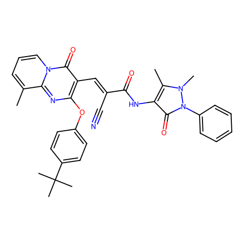 (E)-3-(2-(4-(tert-butyl)phenoxy)-9-methyl-4-oxo-4H-pyrido[1,2-a]pyrimidin-3-yl)-2-cyano-N-(1,5-dimethyl-3-oxo-2-phenyl-2,3-dihydro-1H-pyrazol-4-yl)acrylamide structure