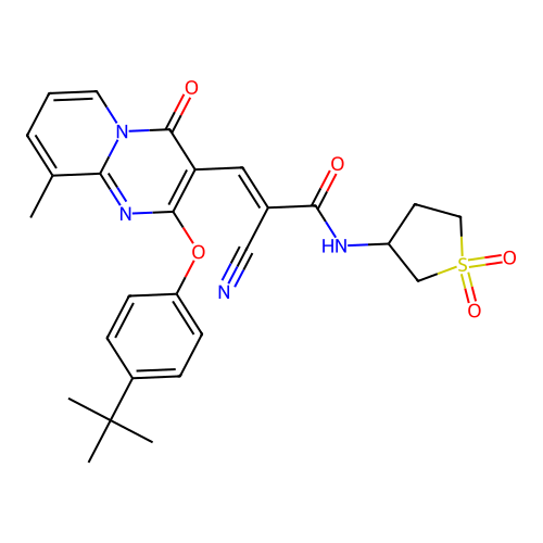 (2E)-3-[2-(4-tert-butylphenoxy)-9-methyl-4-oxo-4H-pyrido[1,2-a]pyrimidin-3-yl]-2-cyano-N-(1,1-dioxidotetrahydrothiophen-3-yl)prop-2-enamide structure