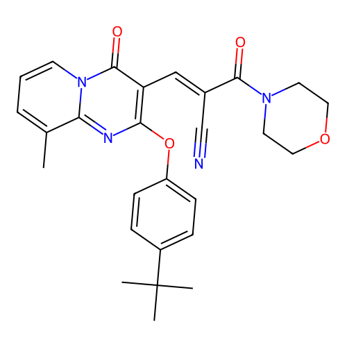 (2E)-3-[2-(4-tert-butylphenoxy)-9-methyl-4-oxo-4H-pyrido[1,2-a]pyrimidin-3-yl]-2-(morpholin-4-ylcarbonyl)prop-2-enenitrile structure