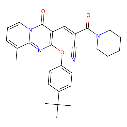(2E)-3-[2-(4-tert-butylphenoxy)-9-methyl-4-oxo-4H-pyrido[1,2-a]pyrimidin-3-yl]-2-(piperidin-1-ylcarbonyl)prop-2-enenitrile structure