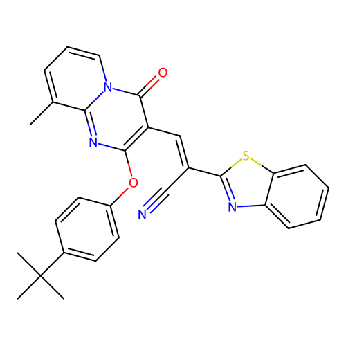 (2E)-2-(1,3-benzothiazol-2-yl)-3-[2-(4-tert-butylphenoxy)-9-methyl-4-oxo-4H-pyrido[1,2-a]pyrimidin-3-yl]prop-2-enenitrile structure