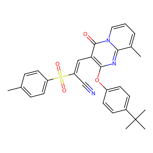 (2E)-3-[2-(4-tert-butylphenoxy)-9-methyl-4-oxo-4H-pyrido[1,2-a]pyrimidin-3-yl]-2-[(4-methylphenyl)sulfonyl]prop-2-enenitrile structure
