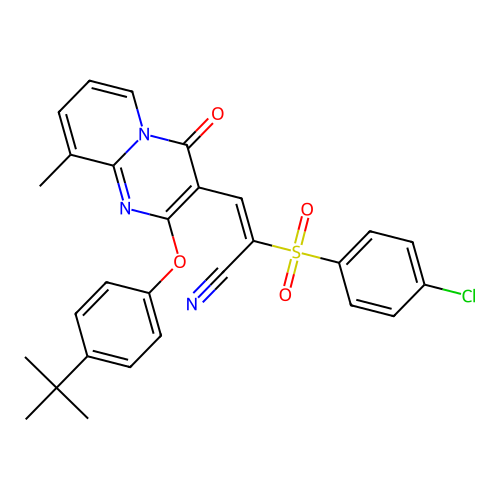(2E)-3-[2-(4-tert-butylphenoxy)-9-methyl-4-oxo-4H-pyrido[1,2-a]pyrimidin-3-yl]-2-[(4-chlorophenyl)sulfonyl]prop-2-enenitrile structure