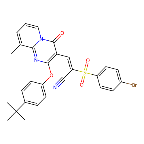 (E)-2-((4-bromophenyl)sulfonyl)-3-(2-(4-(tert-butyl)phenoxy)-9-methyl-4-oxo-4H-pyrido[1,2-a]pyrimidin-3-yl)acrylonitrile structure