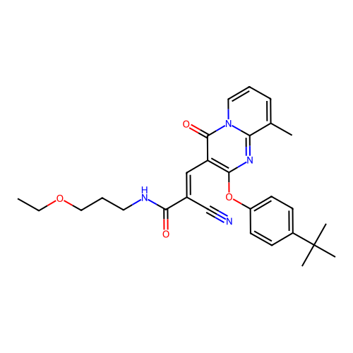 (2E)-3-[2-(4-tert-butylphenoxy)-9-methyl-4-oxo-4H-pyrido[1,2-a]pyrimidin-3-yl]-2-cyano-N-(3-ethoxypropyl)prop-2-enamide structure