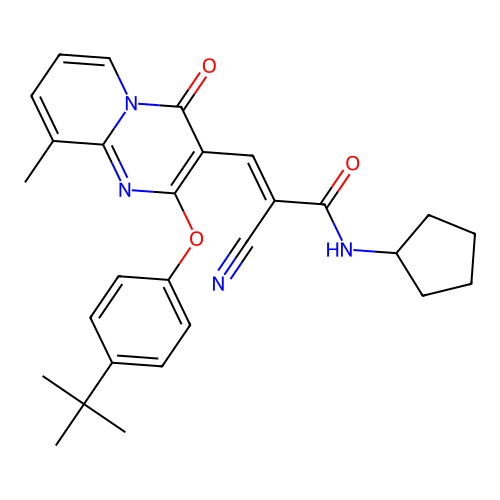 (2E)-3-[2-(4-tert-butylphenoxy)-9-methyl-4-oxo-4H-pyrido[1,2-a]pyrimidin-3-yl]-2-cyano-N-cyclopentylprop-2-enamide structure