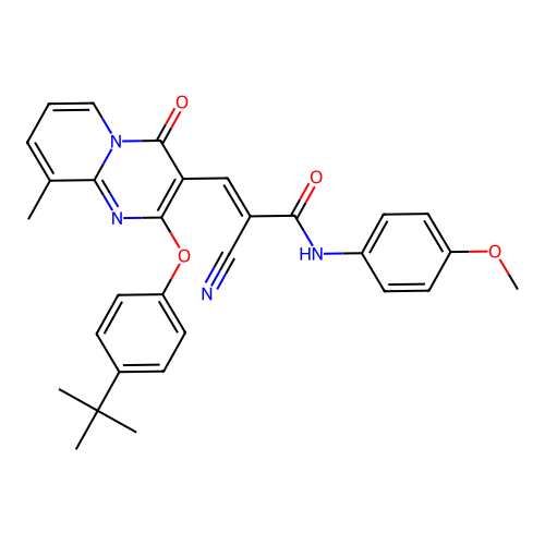 (2E)-3-[2-(4-tert-butylphenoxy)-9-methyl-4-oxo-4H-pyrido[1,2-a]pyrimidin-3-yl]-2-cyano-N-(4-methoxyphenyl)prop-2-enamide structure