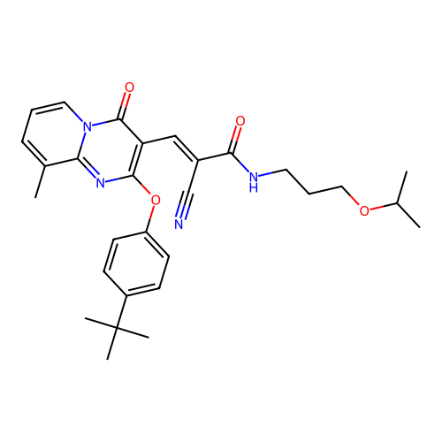 (2E)-3-[2-(4-tert-butylphenoxy)-9-methyl-4-oxo-4H-pyrido[1,2-a]pyrimidin-3-yl]-2-cyano-N-[3-(propan-2-yloxy)propyl]prop-2-enamide structure