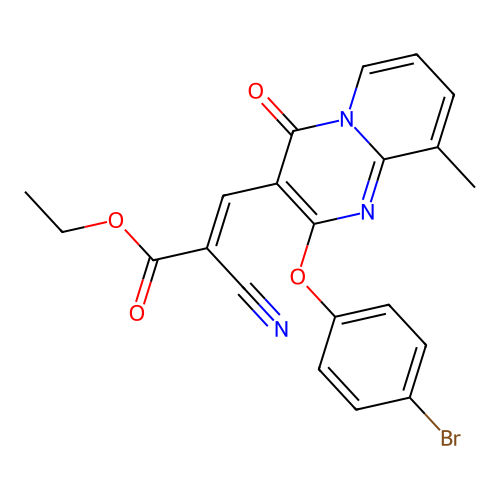 ethyl (2E)-3-[2-(4-bromophenoxy)-9-methyl-4-oxo-4H-pyrido[1,2-a]pyrimidin-3-yl]-2-cyanoprop-2-enoate structure