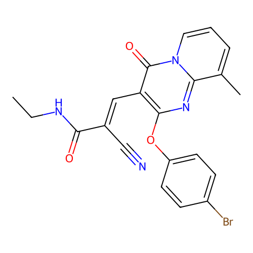 (2E)-3-[2-(4-bromophenoxy)-9-methyl-4-oxo-4H-pyrido[1,2-a]pyrimidin-3-yl]-2-cyano-N-ethylprop-2-enamide structure